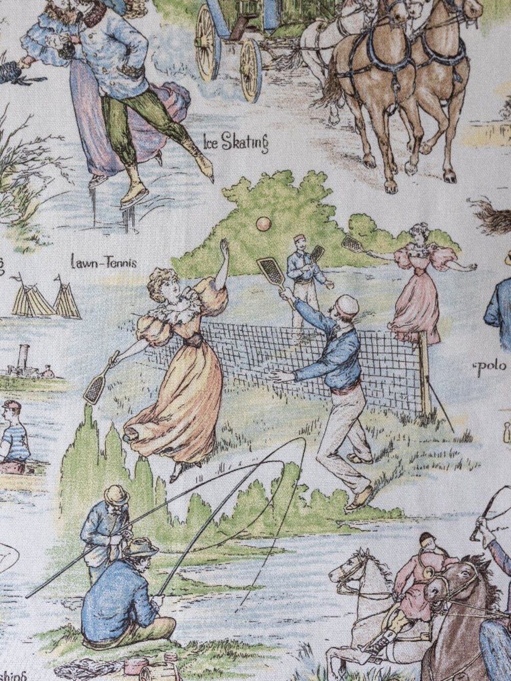 Vintage Bloomcraft Screen Print Fabric Victorian Sports Toile 2 Yards